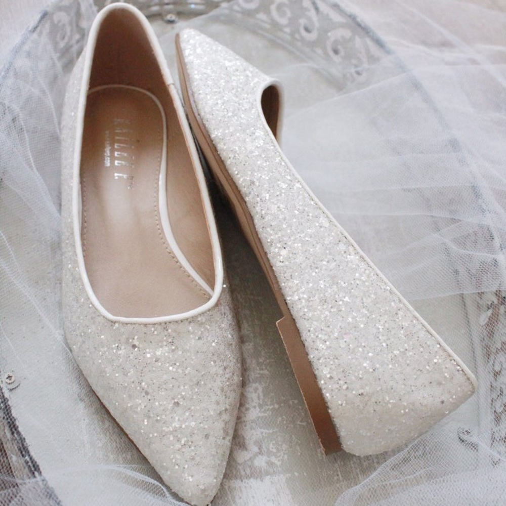 Glitter Pointed Toe Flats in Ivory by Kailee